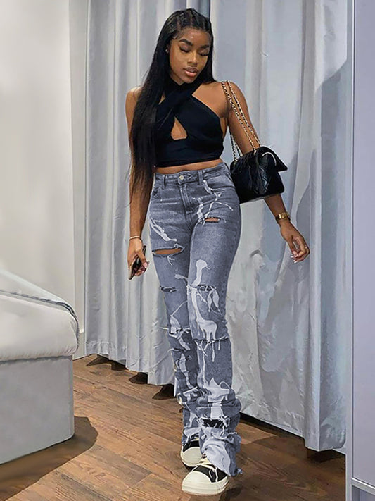 Ladies Zip Fly High Waist Washed White Slim Jeans Shello Creative Boutique