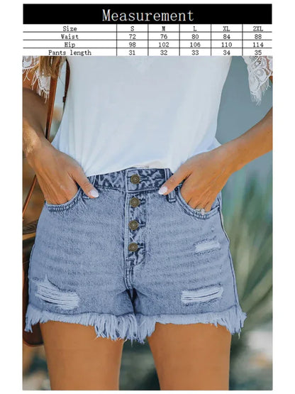 Women's Shorts Mid Waist Buttoned Jeans Washed Ripped Denim Shorts - Shello's Creative Boutique