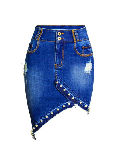 Women's Irregular Beaded Pearl Denim Midi Skirt - Shello's Creative Boutique