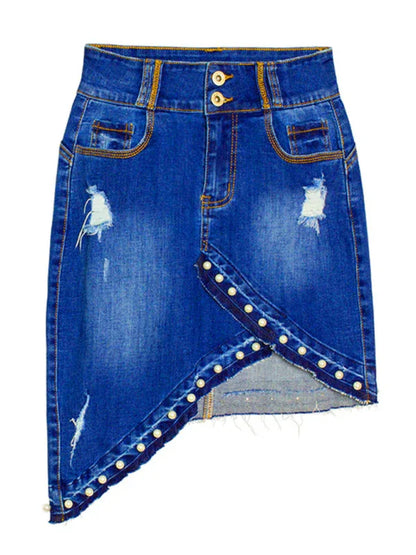 Women's Irregular Beaded Pearl Denim Midi Skirt - Shello's Creative Boutique