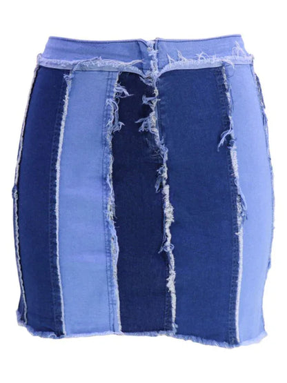 Women's High Waist Patchwork Washed Pleated Denim Skirt - Shello's Creative Boutique
