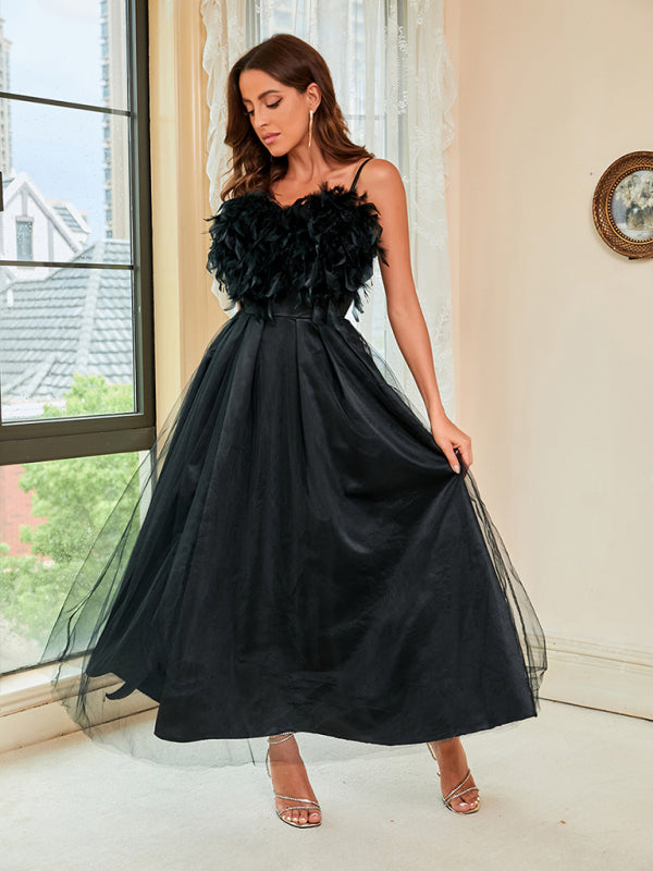 Woman'S Spring Summer New Feather Sling Mesh Dress Shello's Creative Boutique
