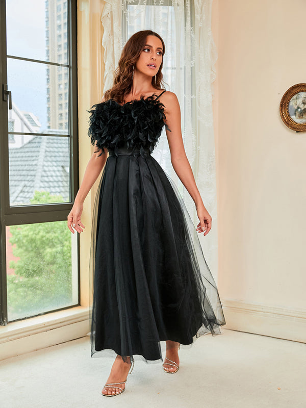 Woman'S Spring Summer New Feather Sling Mesh Dress Shello's Creative Boutique