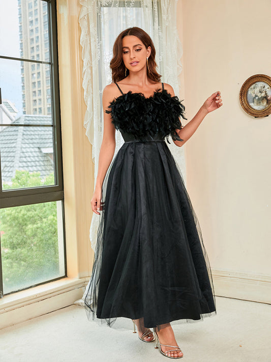 Woman'S Spring Summer New Feather Sling Mesh Dress Shello's Creative Boutique