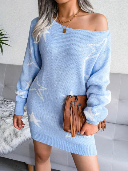 Women's Off-Shoulder Knitted Dress with Star Design in Wool - Shello's Creative Boutique