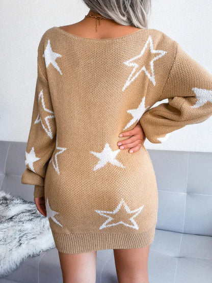 Women's Off-Shoulder Knitted Dress with Star Design in Wool - Shello's Creative Boutique