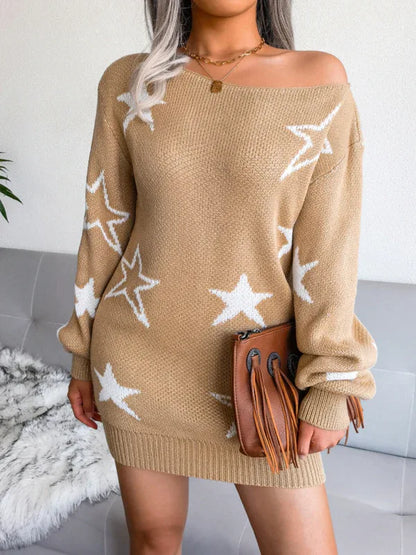 Women's Off-Shoulder Knitted Dress with Star Design in Wool - Shello's Creative Boutique