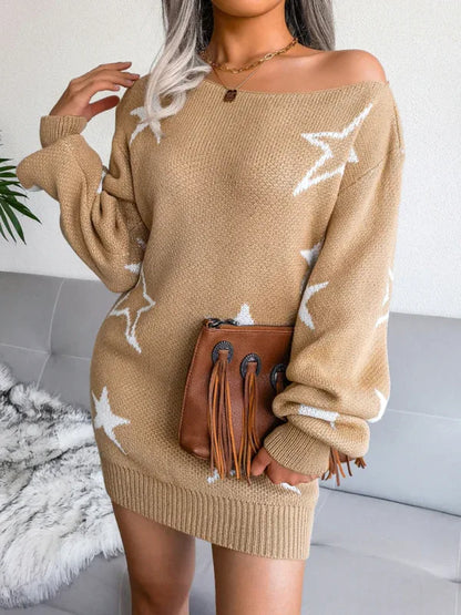 Women's Off-Shoulder Knitted Dress with Star Design in Wool - Shello's Creative Boutique