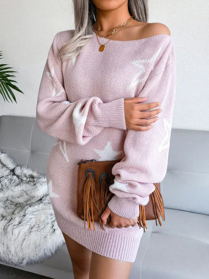 Women's Off-Shoulder Knitted Dress with Star Design in Wool - Shello's Creative Boutique