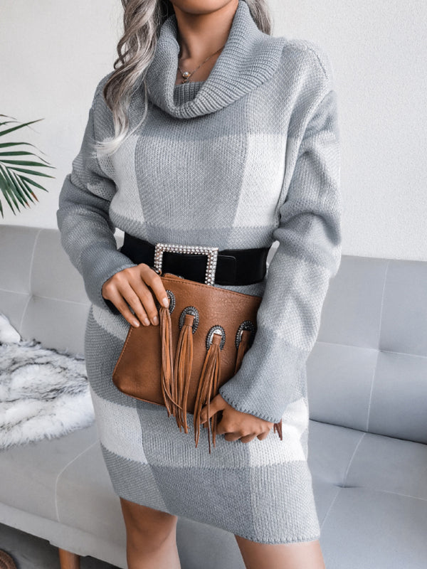 Women's casual Plaid high collar wool dress knitted dress Shello's Creative Boutique