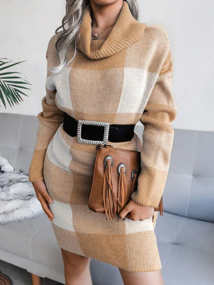 Women's Plaid Wool Dress with High Collar for Stylish Comfort - Shello's Creative Boutique