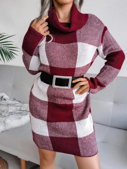 Women's Plaid Wool Dress with High Collar for Stylish Comfort - Shello's Creative Boutique
