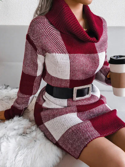 Women's Plaid Wool Dress with High Collar for Stylish Comfort - Shello's Creative Boutique