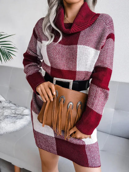 Women's Plaid Wool Dress with High Collar for Stylish Comfort - Shello's Creative Boutique