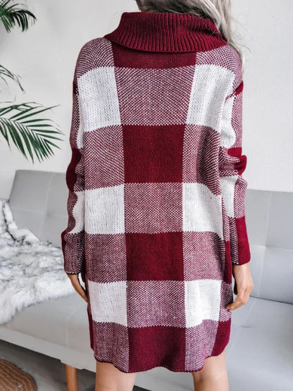 Women's Plaid Wool Dress with High Collar for Stylish Comfort - Shello's Creative Boutique