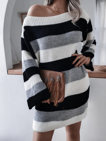 Women's Off Shoulder Knitted Wool Dress with Contrast Stripes - Shello's Creative Boutique