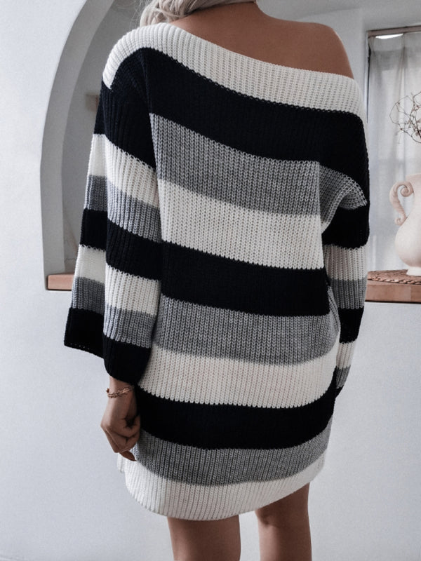 Women's straight neck off shoulder loose contrast striped knitted wool dress Shello's Creative Boutique