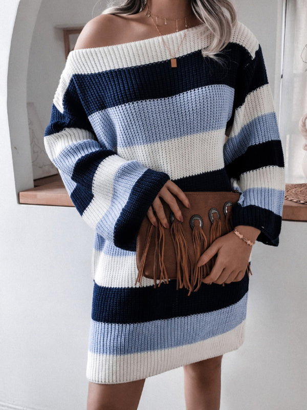 Women's straight neck off shoulder loose contrast striped knitted wool dress Shello's Creative Boutique