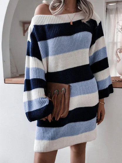 Women's Off Shoulder Knitted Wool Dress with Contrast Stripes - Shello's Creative Boutique