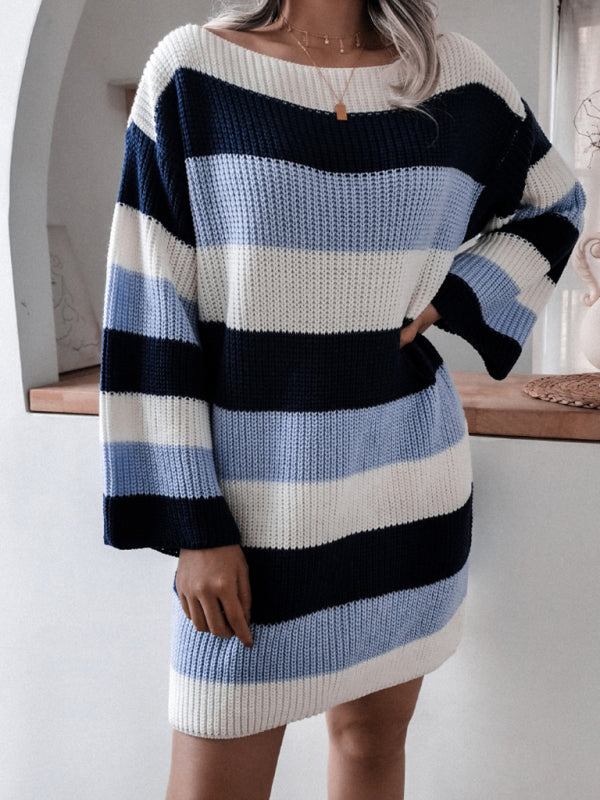 Women's straight neck off shoulder loose contrast striped knitted wool dress Shello's Creative Boutique
