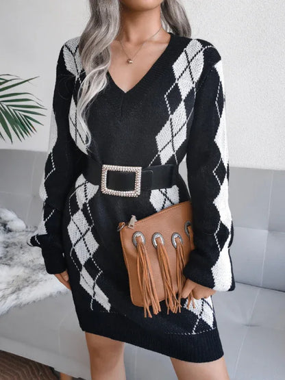 Ladies Knitted Sweater Dress - Rhombus Pattern Knitted Dress (Without Belt) - Shello's Creative Boutique