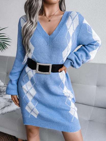 Ladies Knitted Sweater Dress - Rhombus Pattern Knitted Dress (Without Belt) - Shello's Creative Boutique