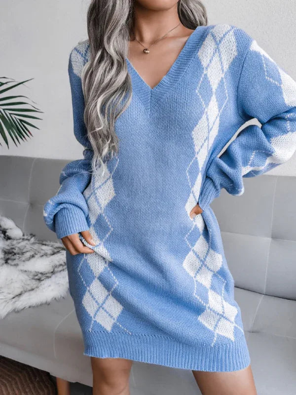 Ladies Knitted Sweater Dress - Rhombus Pattern Knitted Dress (Without Belt) - Shello's Creative Boutique