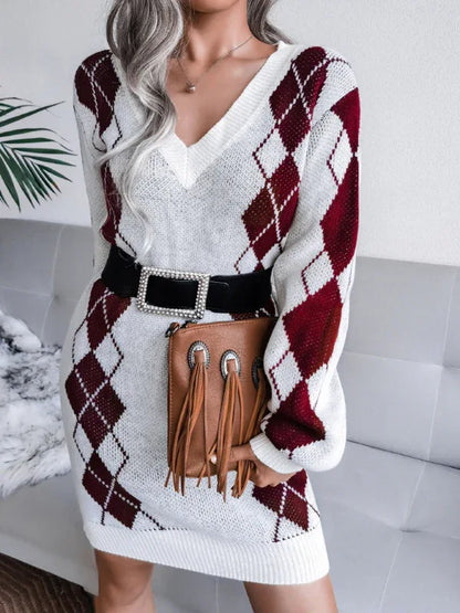 Ladies Knitted Sweater Dress - Rhombus Pattern Knitted Dress (Without Belt) - Shello's Creative Boutique