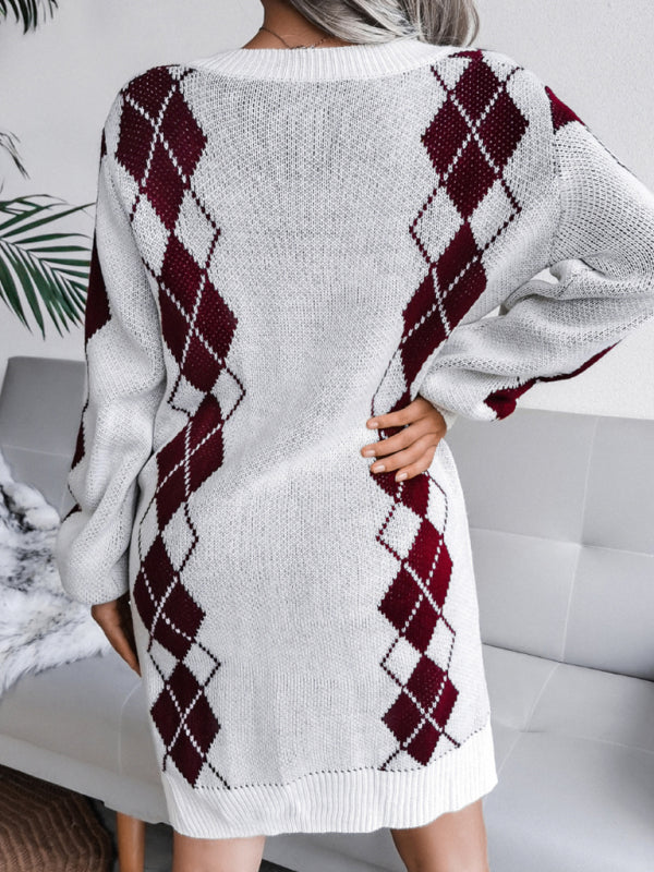 Ladies Rhombus Sweater Dress Knitted Dress (Without Belt) Shello's Creative Boutique