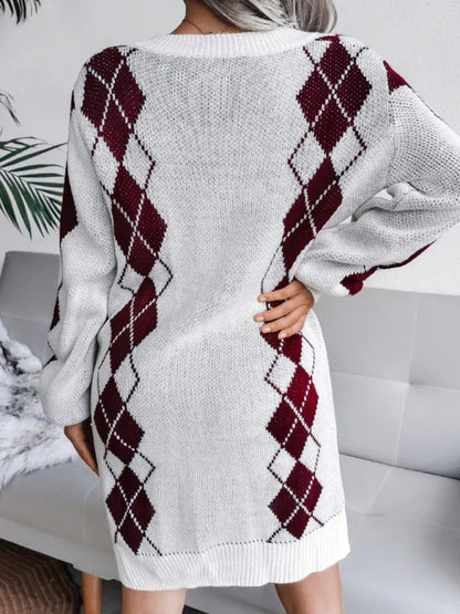 Ladies Knitted Sweater Dress - Rhombus Pattern Knitted Dress (Without Belt) - Shello's Creative Boutique