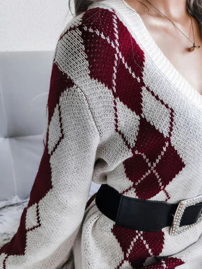 Ladies Knitted Sweater Dress - Rhombus Pattern Knitted Dress (Without Belt) - Shello's Creative Boutique