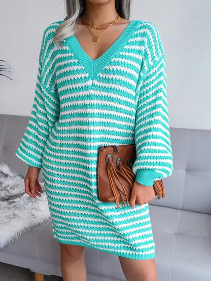 Women's Striped Hollow Wool Knitted Sweater Dress - Shello's Creative Boutique