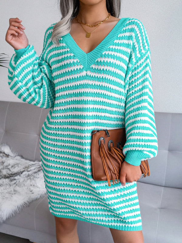Women's striped hollow wool dress knitted dress Shello's Creative Boutique