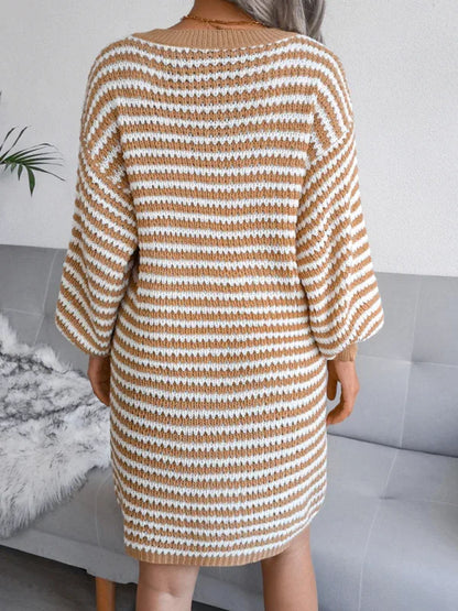 Women's Striped Hollow Wool Knitted Sweater Dress - Shello's Creative Boutique