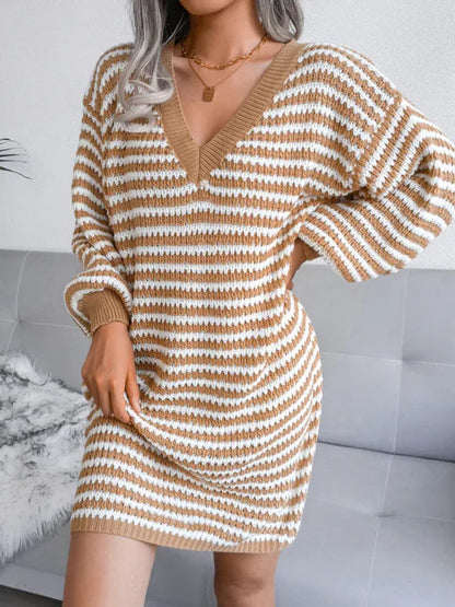 Women's Striped Hollow Wool Knitted Sweater Dress - Shello's Creative Boutique
