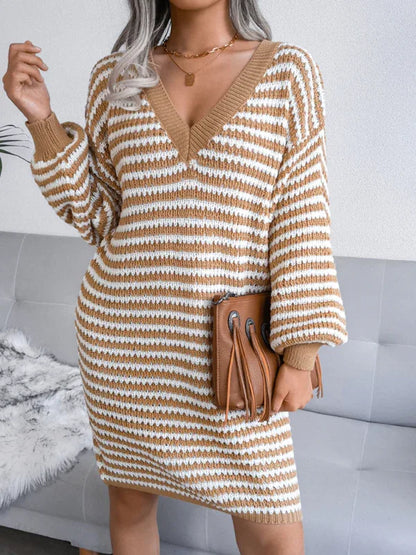Women's Striped Hollow Wool Knitted Sweater Dress - Shello's Creative Boutique