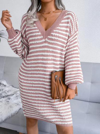 Women's Striped Hollow Wool Knitted Sweater Dress - Shello's Creative Boutique