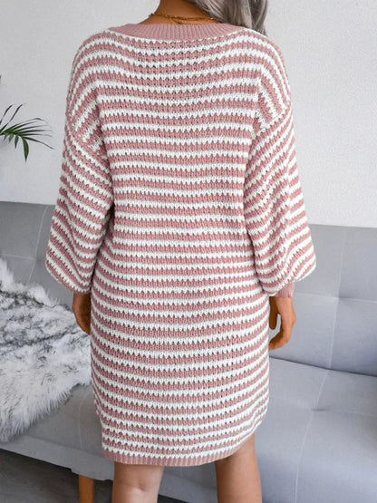 Women's Striped Hollow Wool Knitted Sweater Dress - Shello's Creative Boutique