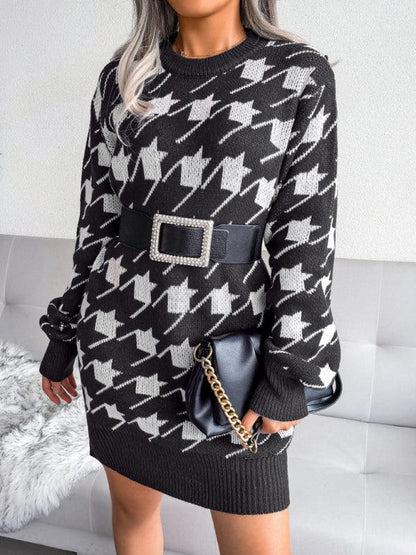 Women's Knitted Wool Dress with Lantern Sleeves and Thousand Bird Lattice Design - Shello's Creative Boutique