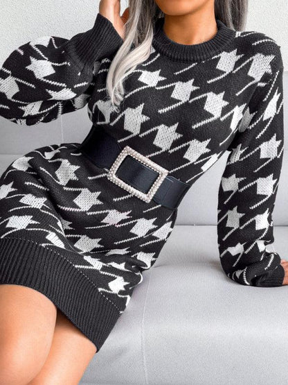 Women's Knitted Wool Dress with Lantern Sleeves and Thousand Bird Lattice Design - Shello's Creative Boutique