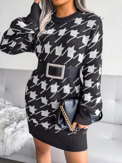 Women's Knitted Wool Dress with Lantern Sleeves and Thousand Bird Lattice Design - Shello's Creative Boutique