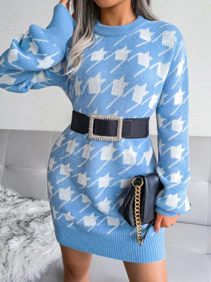 Women's Knitted Wool Dress with Lantern Sleeves and Thousand Bird Lattice Design - Shello's Creative Boutique