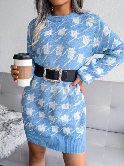 Women's Knitted Wool Dress with Lantern Sleeves and Thousand Bird Lattice Design - Shello's Creative Boutique