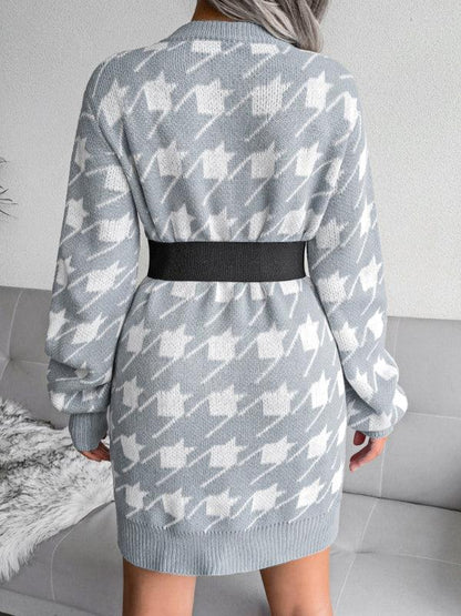 Women's Knitted Wool Dress with Lantern Sleeves and Thousand Bird Lattice Design - Shello's Creative Boutique