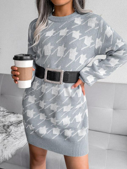 Women's Knitted Wool Dress with Lantern Sleeves and Thousand Bird Lattice Design - Shello's Creative Boutique