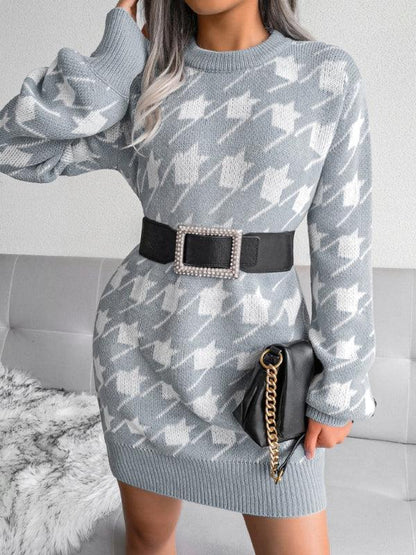 Women's Knitted Wool Dress with Lantern Sleeves and Thousand Bird Lattice Design - Shello's Creative Boutique