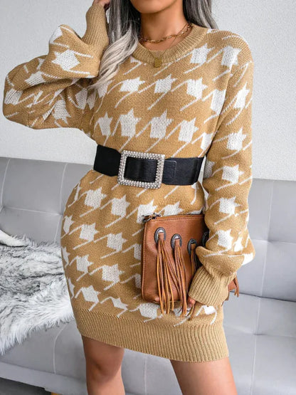 Women's Knitted Wool Dress with Lantern Sleeves and Thousand Bird Lattice Design - Shello's Creative Boutique