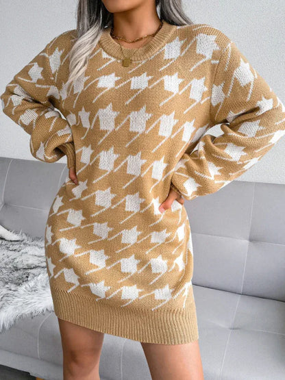 Women's Knitted Wool Dress with Lantern Sleeves and Thousand Bird Lattice Design - Shello's Creative Boutique