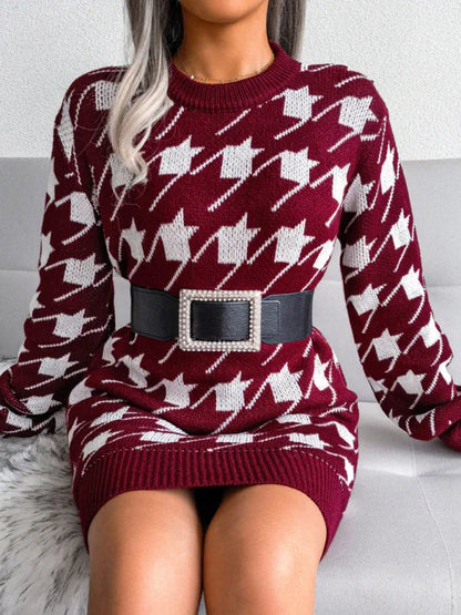 Women's Knitted Wool Dress with Lantern Sleeves and Thousand Bird Lattice Design - Shello's Creative Boutique