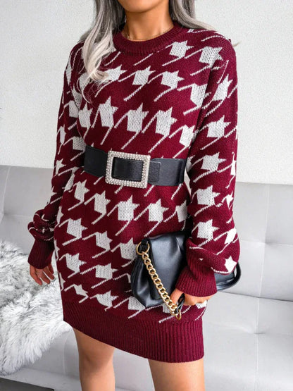 Women's Knitted Wool Dress with Lantern Sleeves and Thousand Bird Lattice Design - Shello's Creative Boutique